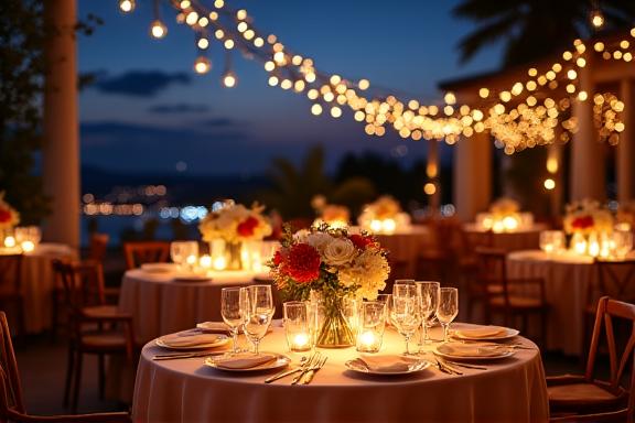 Tavoli apparecchiati per una cena di gala in terrazza, con luci soffuse e vista panoramica notturna