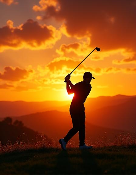 Un giocatore di golf esegue uno swing impeccabile contro il cielo infuocato di un tramonto toscano