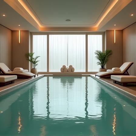 Piscina interna della spa, con luci soffuse, lettini eleganti e atmosfera di totale relax