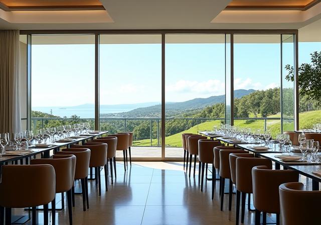 Interno moderno del ristorante La Terrazza con ampie vetrate che offrono una vista panoramica del paesaggio